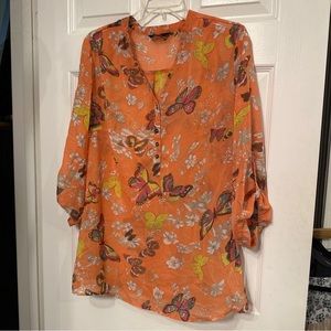 Max Size XL UK 20 Blouse Women Orange Butterflies Sheer smocked Roll Tab Sleeves